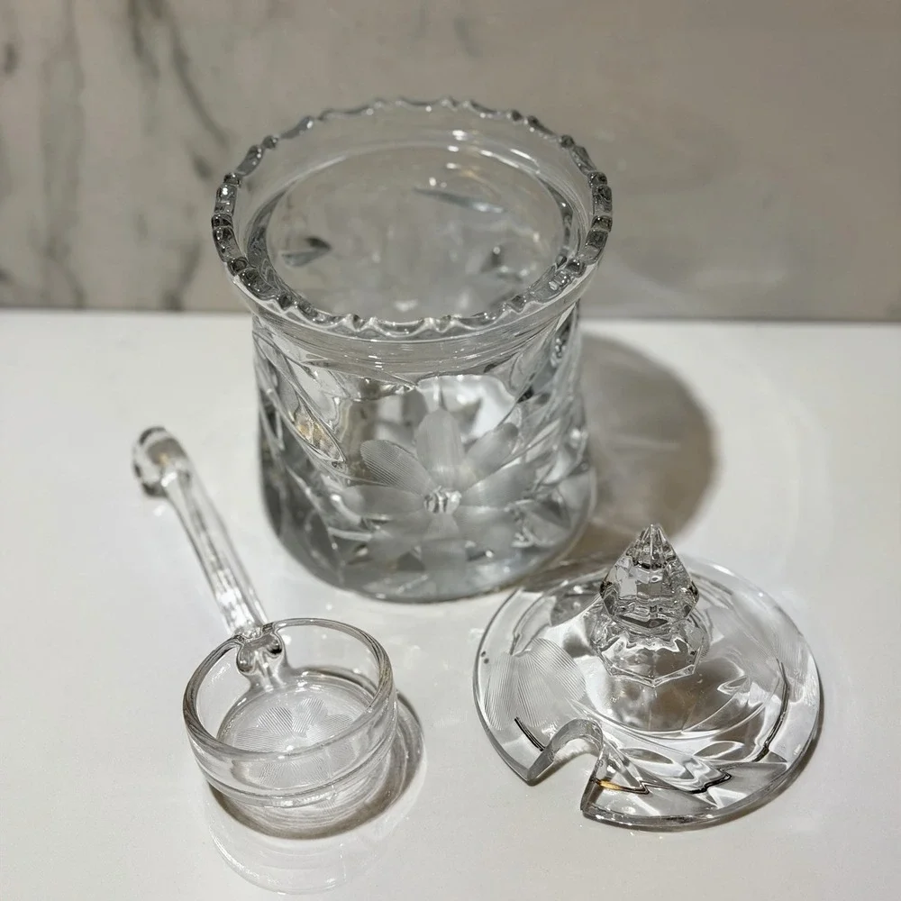 Vintage Crystal Lidded Sugar Bowl with Glass Spoon